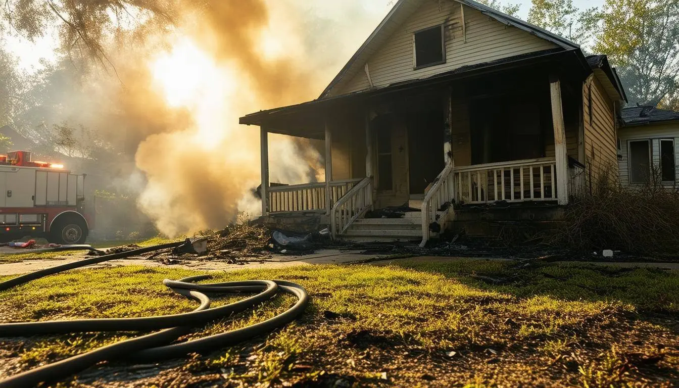 imgi_22_The image depicts a serene suburban home slightly charred around the edges standing resilient amidst a backdrop of smoke and ash-4